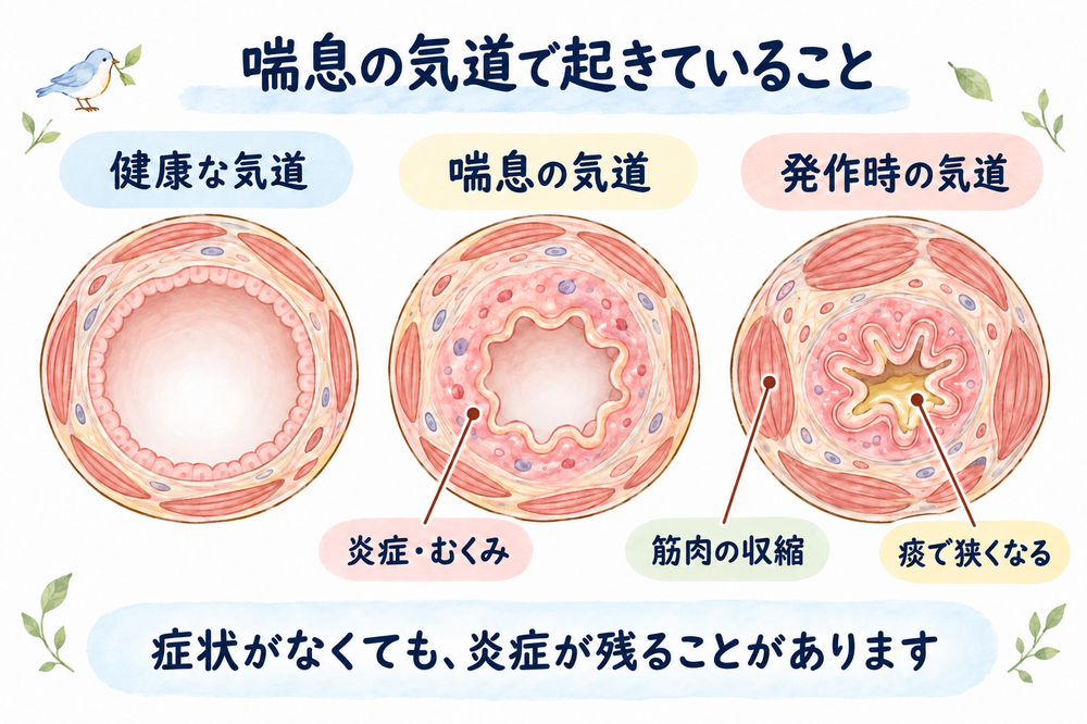健康な気道、喘息の気道、発作時の気道を比較した概念図。炎症・むくみ、筋肉の収縮、痰によって気道が狭くなります。