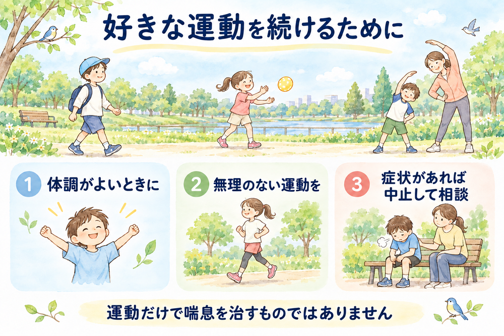 好きな運動を続けるために、体調がよいときに無理のない運動を行い、症状があれば中止して相談します。運動だけで喘息を治すものではありません。