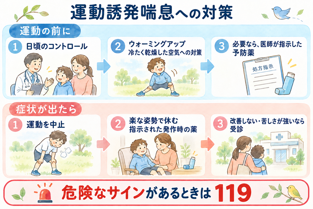 運動前は日頃のコントロールと準備運動、必要なら指示された予防薬。症状が出たら中止し、楽な姿勢と指示された発作時の薬。改善しない・苦しさが強い場合は受診、危険なサインなら119番。