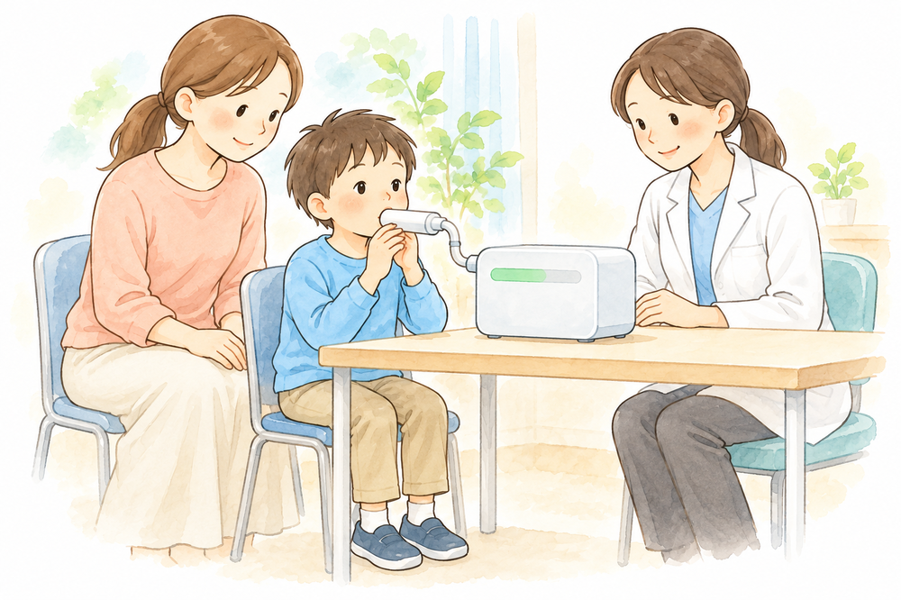 母親と医療者が見守る中、子どもが一定の速さで息を吐く呼気NO検査の模式図。