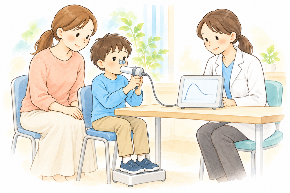 鼻クリップを装着した子どもが、母親と医療者の見守りのもとで呼吸機能検査を受ける模式図。