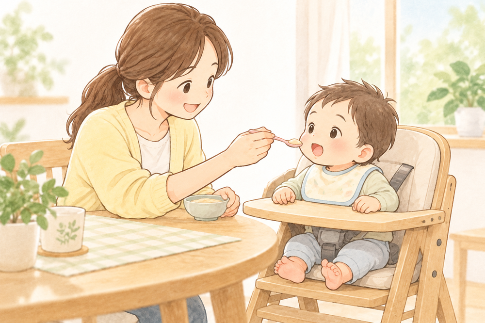 離乳食を食べている赤ちゃんと、そばで見守る保護者のイラスト。