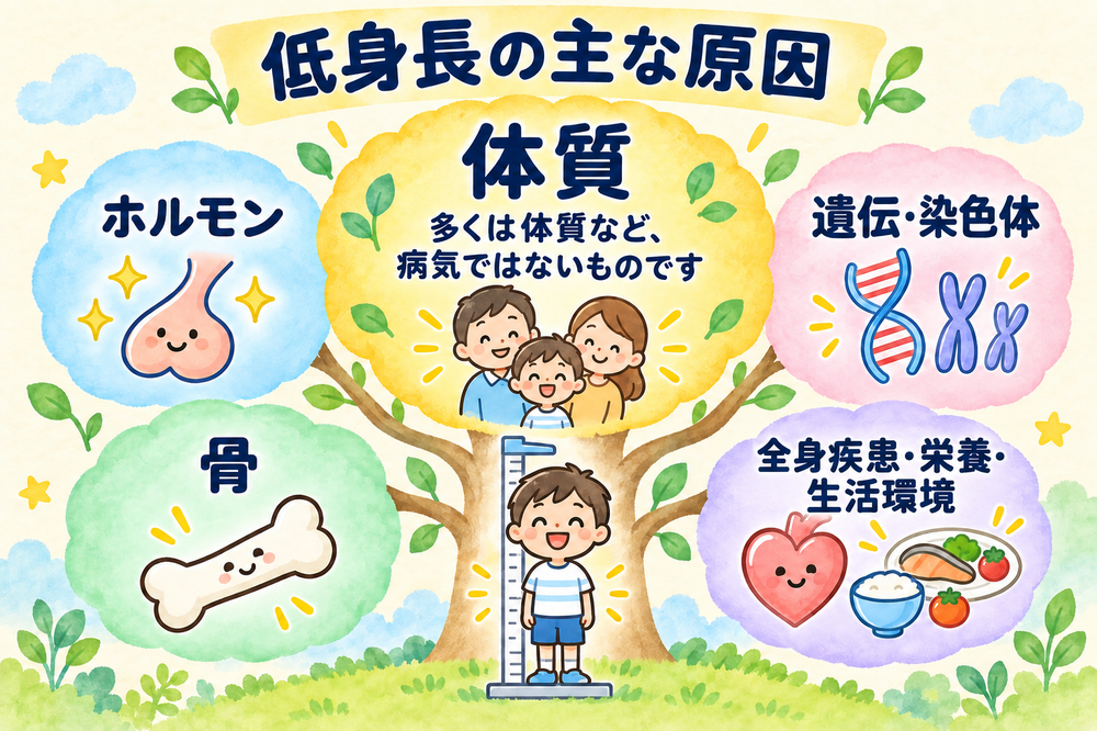 低身長の主な原因:ホルモン、遺伝・染色体、骨、全身疾患・栄養・生活環境、体質