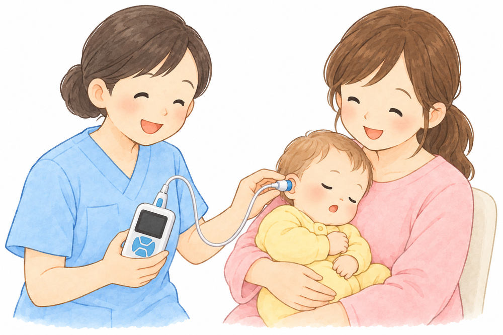 保護者に支えられた赤ちゃんの耳に小さなプローブを装着し、手持ち機器でOAE検査を行うイラスト