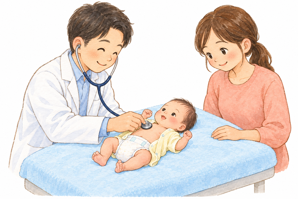 保護者が見守る中、小児科医が仰向けの赤ちゃんを聴診する1か月健診のイラスト