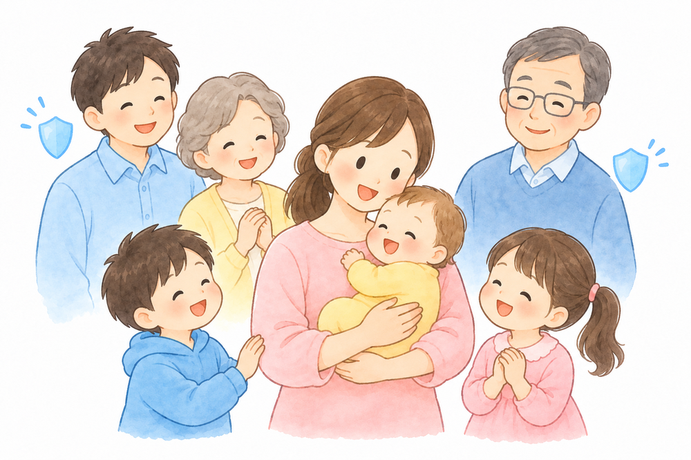 赤ちゃんを抱く保護者と、その周囲に集まる子どもや大人たち