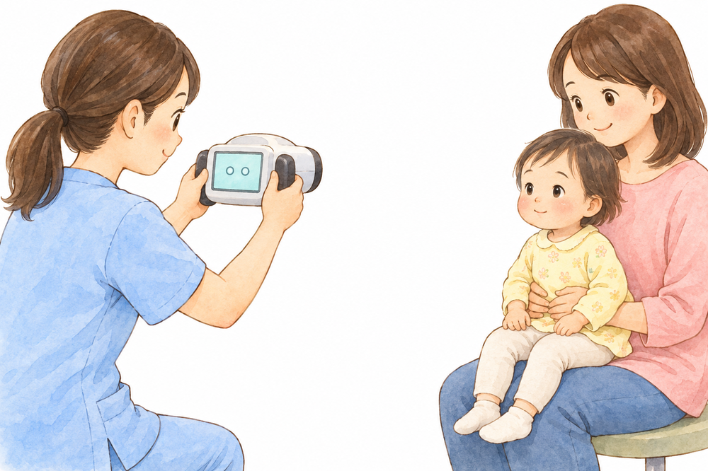 保護者の膝に座る子どもに、離れた位置からスポットビジョンスクリーナーを向けて検査するイラスト
